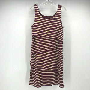LOFT Maternity Dress Womens Medium Pullover Maroon Tan Tiered Stripe Knit Summer